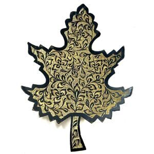 Etched Painted Brass Leaf Black & Gold Hanging Wall Decor Or Tray MCM 8” L 6” W